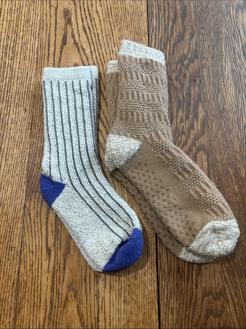 Cozy Crew Socks - Neutral Tan and Light Gray with Blue Accent